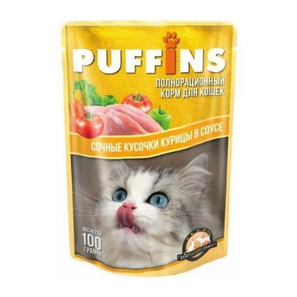 Упаковка 24 пауча для кошек PUFFINS Курица в соусе