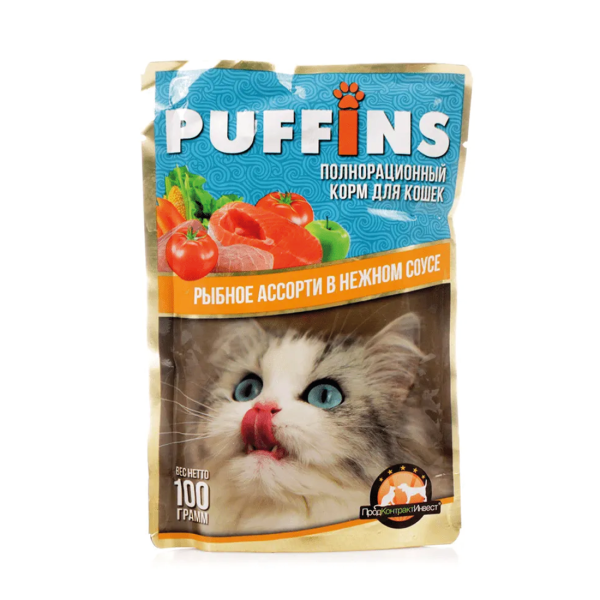 Упаковка 24 пауча для кошек PUFFINS Рыбное ассорти в соусе
