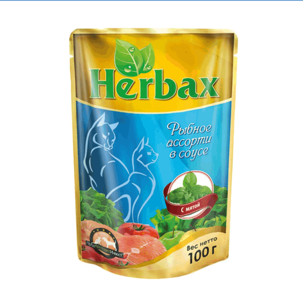 Упаковка 24 пауча для кошек HERBAX Рыбное ассорти в соусе с мятой