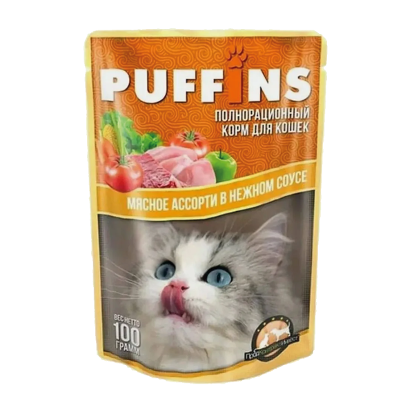 Упаковка 24 пауча для кошек PUFFINS Мясное ассорти в соусе