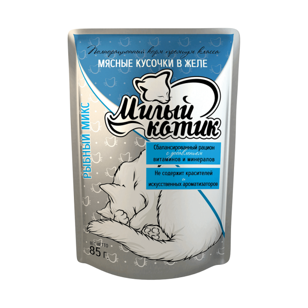 Упаковка 26 паучей для кошек МИЛЫЙ КОТИК Рыбный микс в желе
