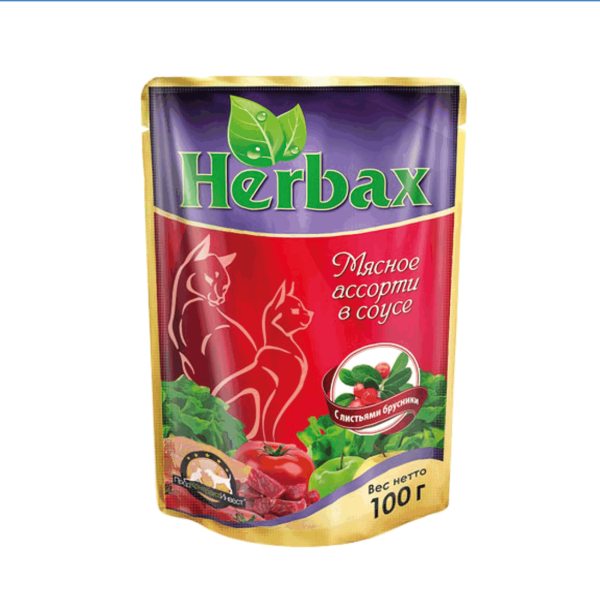 Упаковка 24 пауча для кошек HERBAX Мясное ассорти в соусе с листьями брусники